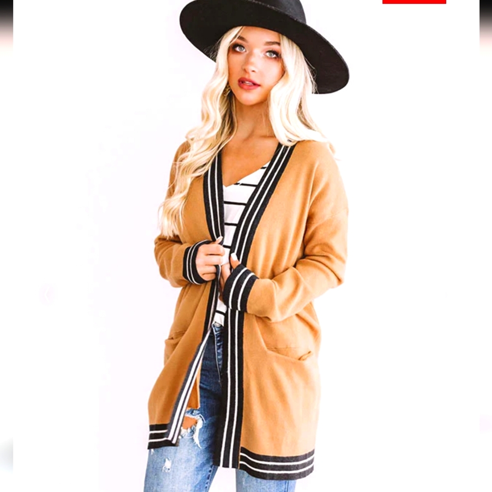 Hem & Thread Camel Black and White Open Front Cardigan M